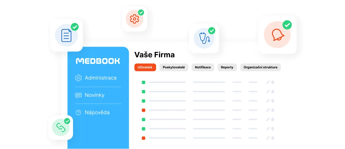 Rozhraní aplikace MEDBOOK s navigačním menu a firemním přehledem uživatelů, poskytovatelů, notifikací a reportů