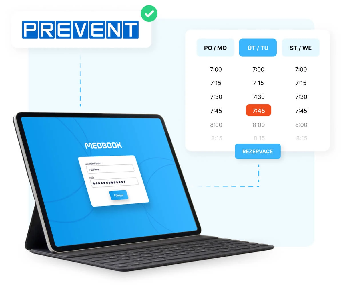 Tablet s přihlašovacím formulářem Medbook a tabulka časových slotů pro online rezervaci s vybraným časem 7:45