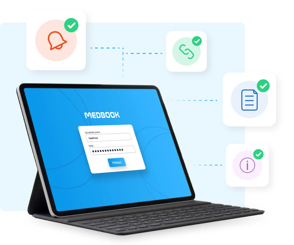 Tablet s aplikací MEDBOOK zobrazující přihlašovací formulář propojený s ikonami notifikací, propojení, dokumentu a informací se zeleným potvrzením