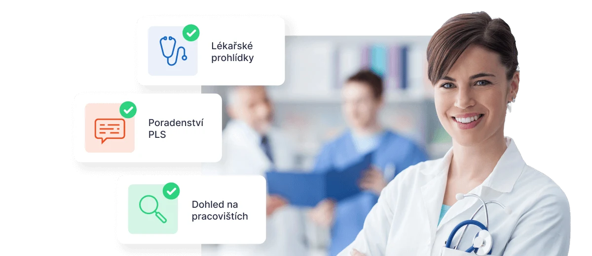 Zdravotnická pracovnice v bílém plášti se stetoskopem a tři ikony s háčky: lékařské prohlídky, poradenství PLS a dohled na pracovištích