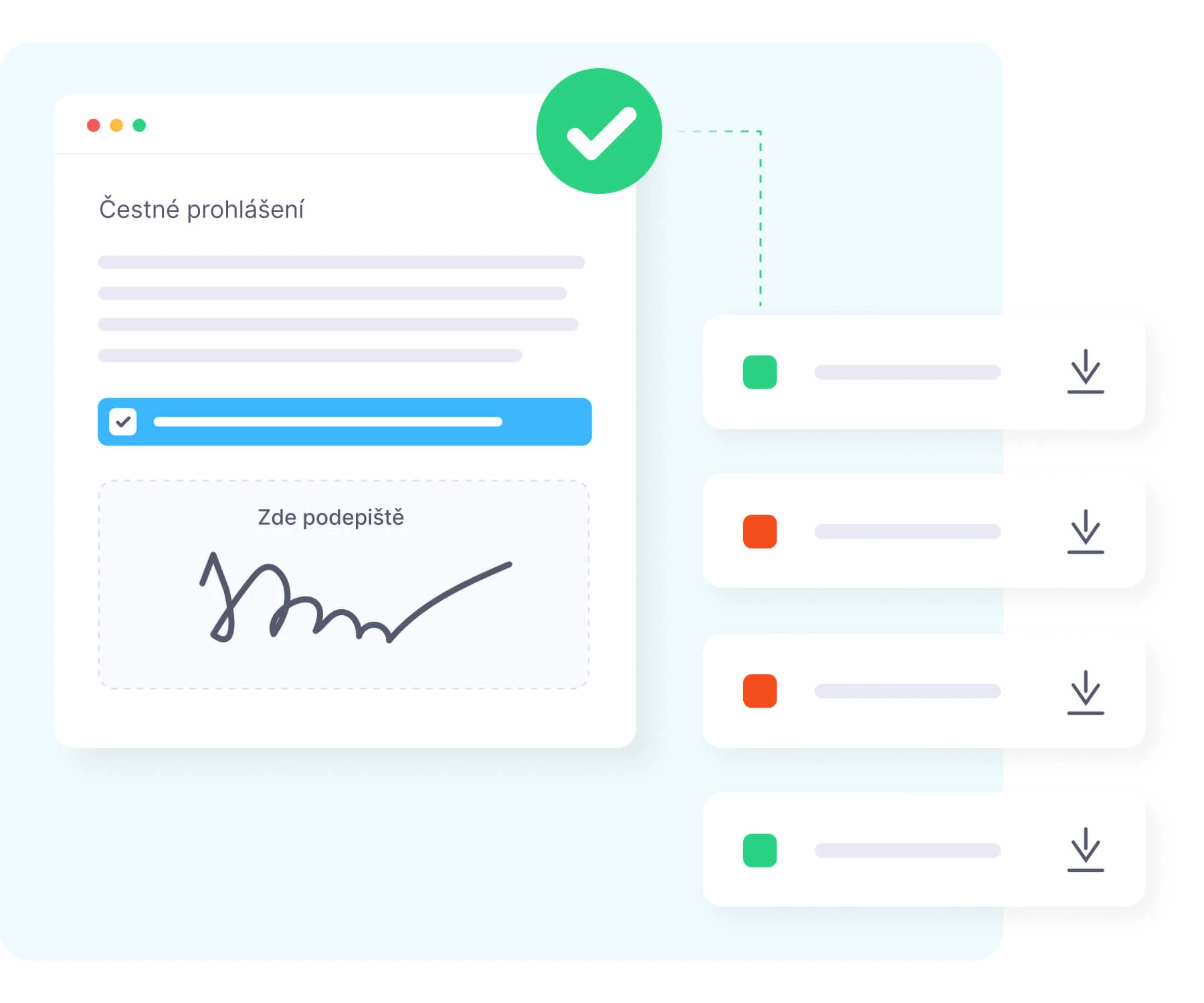 Digitální agenda s formulářem "Čestné prohlášení", potvrzovacím zaškrtnutím, podpisem a seznamem úkolů s barevnými značkami a tlačítky ke stažení