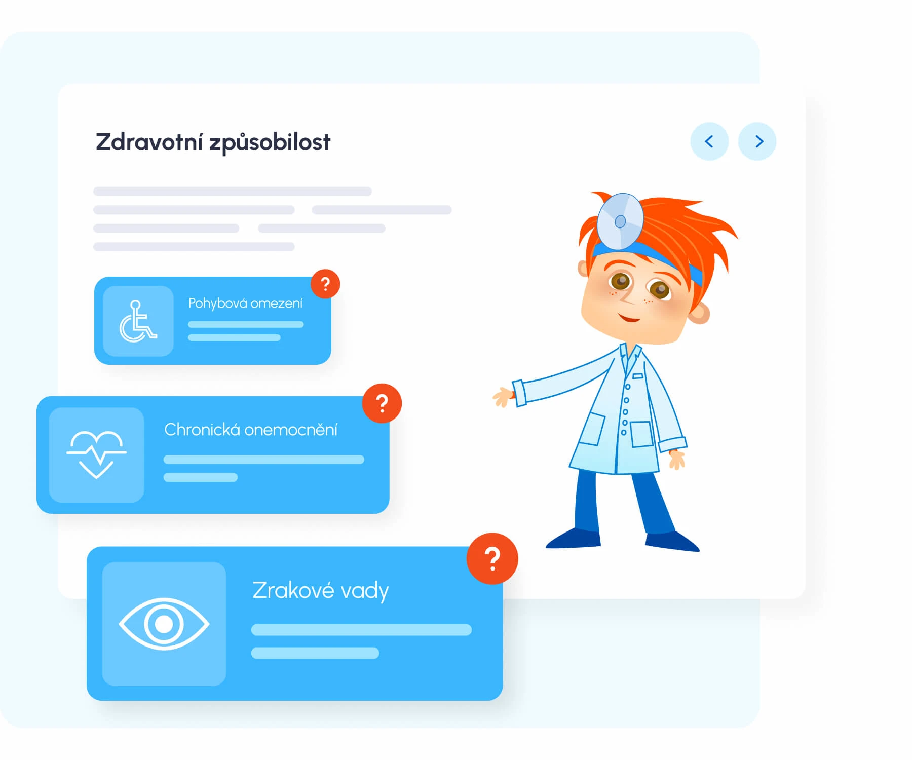 Lékař v modrém plášti vedle tří karet s ikonami pohybového omezení, srdce a oka